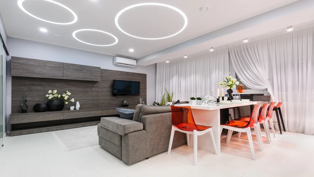 modern white living room with LED Lights
