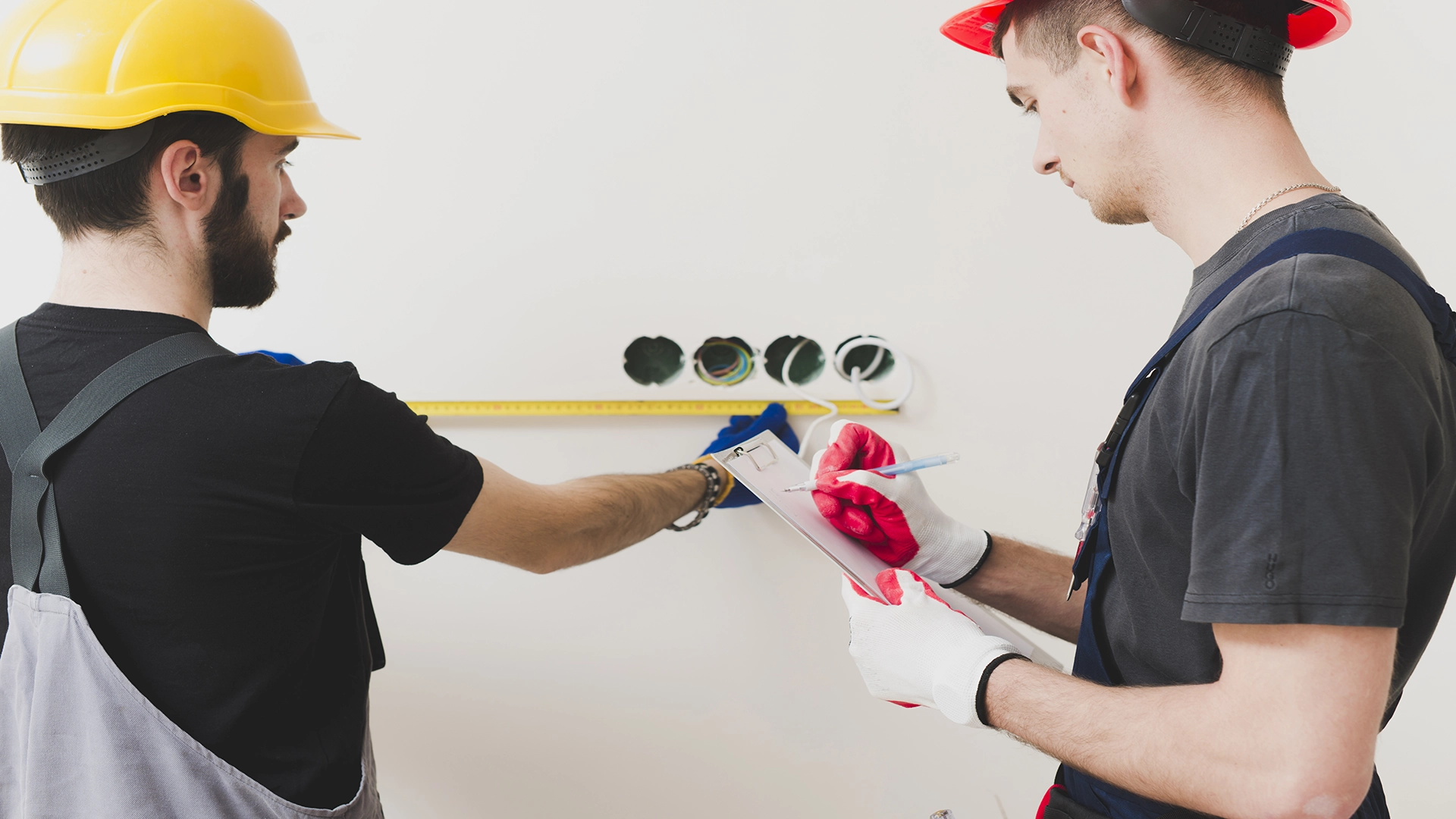 two handymen making measures electric power points